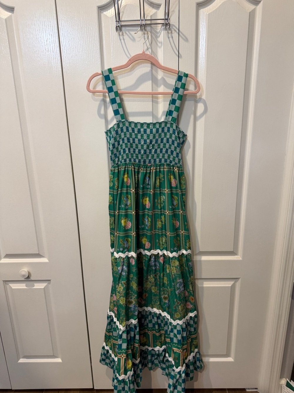 Green Check & Floral Tiered Maxi Dress Sz M
